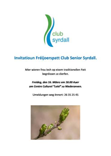 Invitatioun Fréijoerspatt Club Senior Syrdall